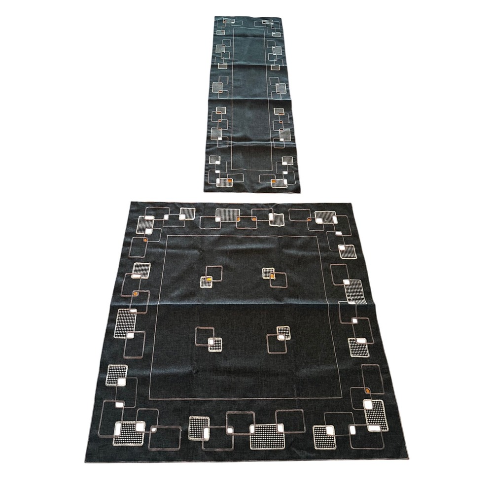 MCM Geometric‎ Embroidered Tablecloth and Runner Set Charcoal Grey Square 33x33